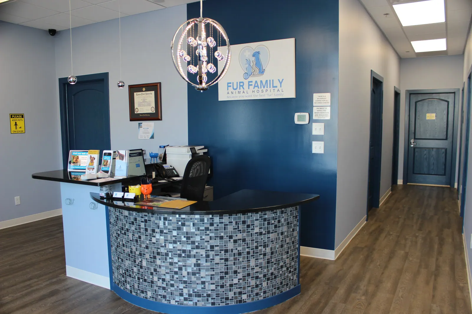 Inside Fur Family Animal Hospital in Manhattan, KS: the reception and waiting area